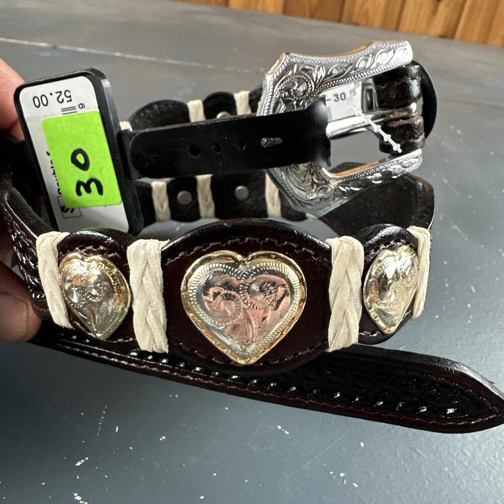 VTG Western Heart Concho Belt Women 30 Brown Ribbon Tooled Silver Rodeo DOUBLE S - Picture 2 of 6